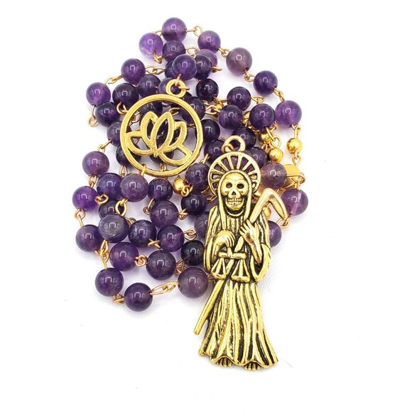 Handmade Amethyst Santa Muerte Rosary - Holy Death Amulet - Natural Stone Beads - Picture 5 of 10